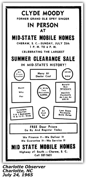 Promo Ad - Mid-State Mobile Homes - Cheraw, SC - Clyde Moody - July 1965