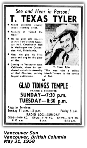 Promo Ad - Glad Tidings Temple; T. Texas Tyler; Vancouver BC; 1958