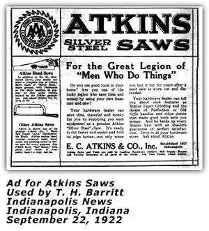 Promo Ad - Atkins Silver Steel Saws used by T. H. Barritt - September 1922