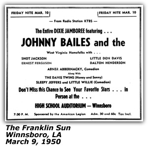Promo Ad - Winnsboro High School Auditorium - Winnsboro, LA - Dixie Jamboree - Johnny Bailes - Shot Jackson - Don Davis - Ernest Ferguson - Dalton Henderson - Sleepy Jeffers - Little Willie - The Davis Twins (Honey and Sonny) - March 1950