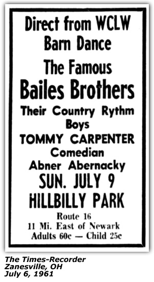 Promo Ad - Hillbilly Park - Newark, OH - Bailes Brothers - Tommy Carpenter - Abner Abernacky - July 1961
