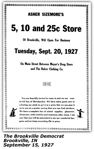 Promo Ad - Asher Sizemore's Store - Brookville, IN - September 1927