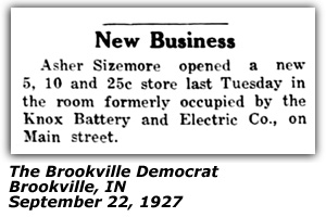 News - Grand Opening Asher Sizemore's Store - Brookville, IN - September 1927