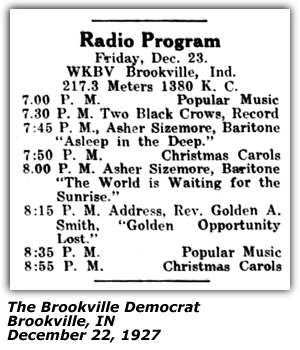 Program Log - WKBV - Brookville, IN - Asher Sizemore - December 1927