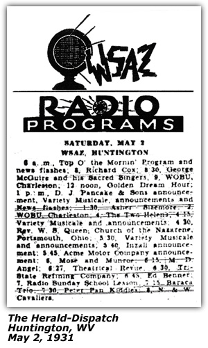 Radio Log - WSAZ - Huntington, WV - Asher Sizemore - May 2, 1931