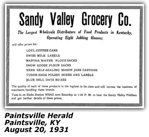 Sandy Valley Grocery Ad - August 20, 1931