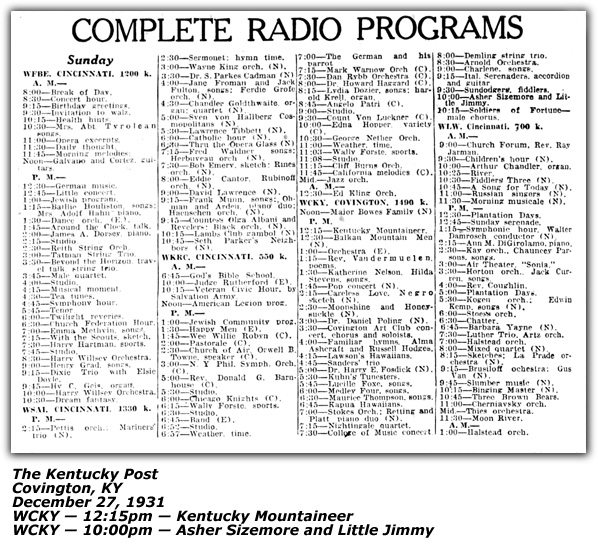 Radio Logs - WCKY - Asher Sizemore and Little Jimmy - Kentucky Mountaineer - December 1931