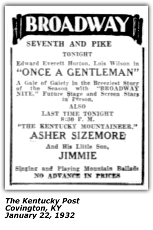 Promo Ad - Asher Sizemore and Little Jimmie - Broadway Theatre - Covington, KY - January 1932