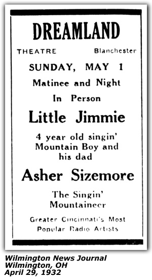 Promo Ad - Dreamland Theatre - Blanchester, OH - Little Jimmie and Asher Sizemore - April 1932