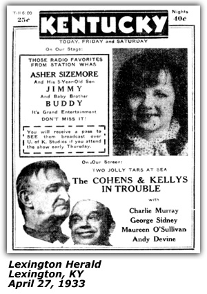 Promo Ad - Kentucky Theatre - Lexington, KY - Asher Sizemore - Little Jimmy - Buddy - April 1933