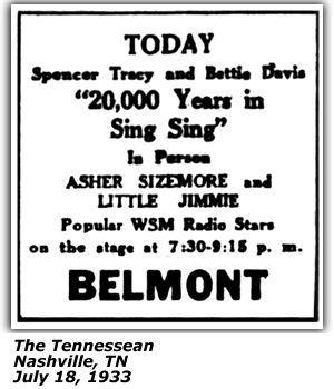 Promo Ad - Belmont Theatre - Nashville, TN - Asher Sizemore and Little Jimmie - July 1933