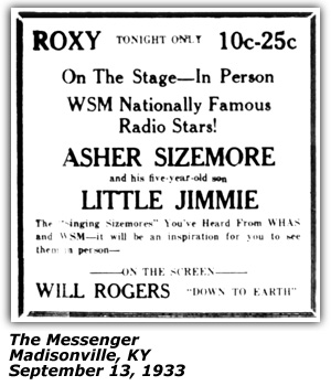Promo Ad - Roxy Theatre - Madisonville, KY - Asher Sizemore and Little Jimmie - September 1933