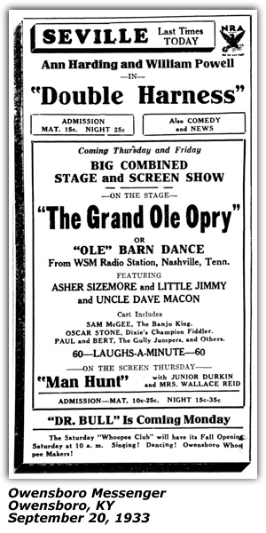 Promo Ad - Seville Theatre - Asher Sizemore - Little Jimmy - Uncle Dave Macon - Owensboro, KY - September 1933
