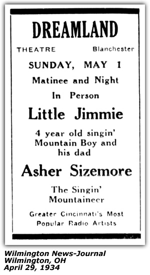 Promo Ad - Dreamland Theatre - Blanchester, OH - Little Jimmie - Asher Sizemore - April 1934