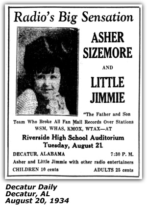 Promo Ad - Riverside High School Auditorium - Decatur, AL - Asher Sizemore and Little Jimmie - August 1934