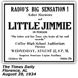 Promo Ad - Coffee High School Auditorium - Florence, AL - Little Jimmie - Asher Sizemore - August 1934