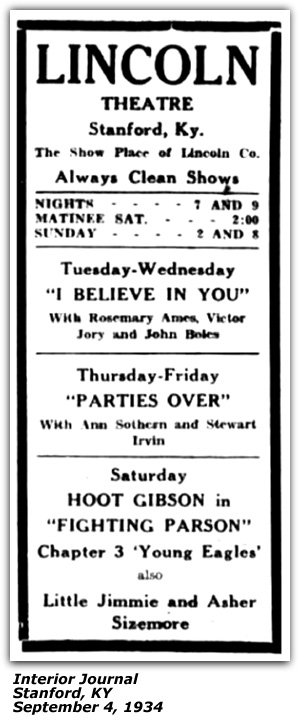 Promo Ad - Lincoln Theatre - Stanford, KY - Little Jimmie and Asher Sizemore - September 1934