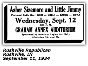 Promo Ad - Graham Annex Auditorium - Rushville, IN - Asher Sizemore and Little Jimmy - September 1934