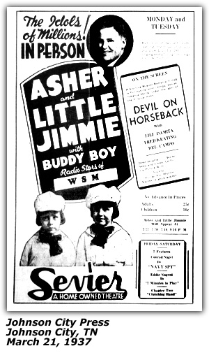 Promo Ad - Sevier Theatre - Johnson City, TN - Asher and Little Jimmie with Buddy Boy - March 1937