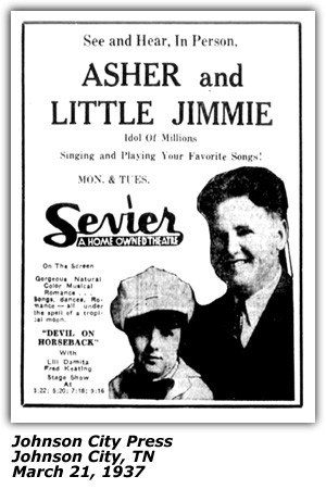 Promo Ad - Seveier Theatre - Johnson City, TN - Asher and Little Jimmie - Idol of Millions - March 1937