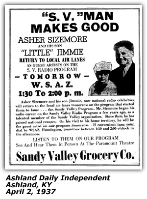 Promo Ad - Sandy Valley Grocery Co. - Ashland, KY - Asher Sizemore and Little Jimmie - April 1937