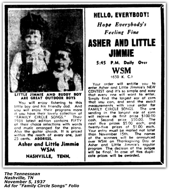 Promo Ad - Family Circle Songs Folio - Nashville, TN - Asher and Little Jimmie - November 1937