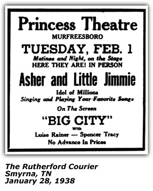 Promo Ad - Princess Theatre - Smyrna, TN - Asher and Little Jimmie - January 1938
