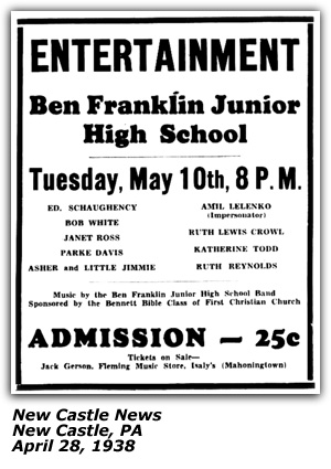 Promo Ad - Ben Franklin Junior High School - New Castle, PA - Asher and Little Jimmie - April 1938