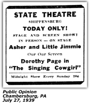 Promo Ad - State Theatre - Chambersburg, PA - Asher and Little Jimmie - July 1939