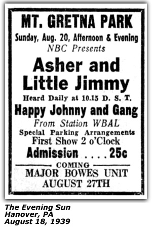 Promo Ad - Mt. Gretna Park - Hanover, PA - Asher and Little Jimmy - Happy Johnny - August 1939