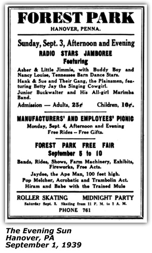 Promo Ad - Forest Park - Hanover, PA - Radio Stars Jamboree - Asher and Little Jimmie, Buddy Boy, Nancy Louise - September 1939