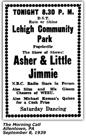 Promo Ad - Lehigh Community Park - Allentown, PA - Asher and Little Jimmie - September 1939