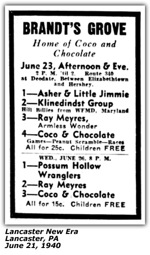 Promo Ad - Brandt's Grove - Deodate, PA - Asher and Little Jimmie - June 1940