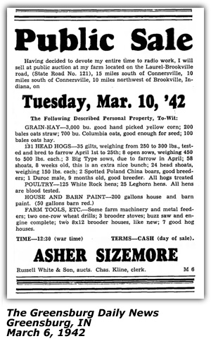 Promo Ad - Public Sale - Asher Sizemore - Connorsville - Brookville IN - March 1942