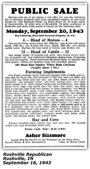 Promo Ad - Public Sale - Asher Sizemore - Sizemore Farm - Connersville - Brookville IN - September 1943