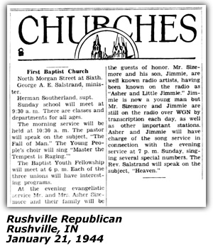 News Column - Churches - First Baptist Church - Rushville, IN - Asher and Little Jimmie - January 1944