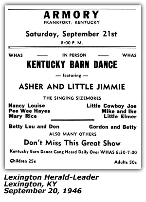Promo Ad - Armory - Frankfort, KY - Kentucky Barn Dance - Asher and Little Jimmie - Nancy Louise - Little Cowboy Joe - Pee Wee Hayes - Gordon Sizemore and Betty - September 1946