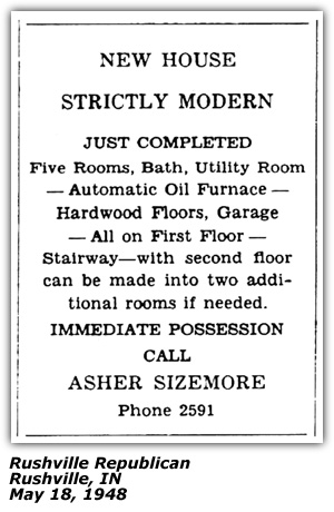 Classified Ad - Home for Sale - Asher Sizemore - Rushville, IN - May 1948
