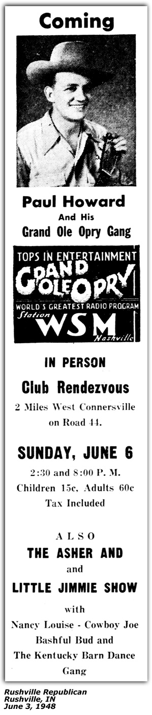 Promo Ad - Club Rendezvous - Connersville, IN - Columbus, IN - Asher Sizemore and Little Jimmie - Nancy Louise - Cowboy Joe - Bashful Buddie - Kentucky Barn Dance Gang - Grand Ole Opry - Paul Howard and his Arkansas Cotton Pickers June 1948