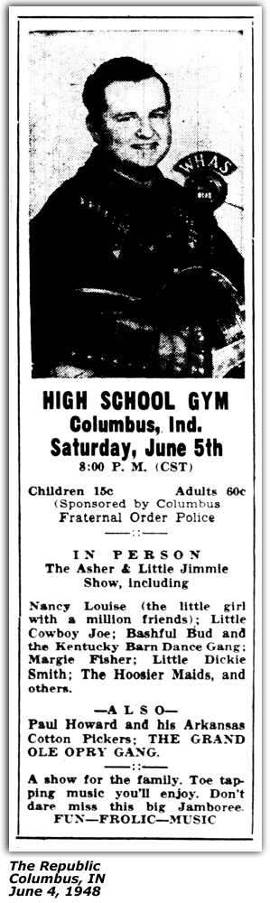 Promo Ad - High School Gym - Columbus, IN - Asher Sizemore and Little Jimmie - Nancy Louise - Little Cowboy Joe - Kentucky Barn Dance Gang - Paul Howard and his Arkansas Cotton Pickers June 1948