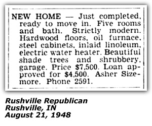 Classified Ad - Asher Sizemore - New Home - Rushville, IN - August 1948