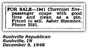 Classified Ad - Asher Sizemore - 141 Chevrolet Five Passenger Coupe - December 1948