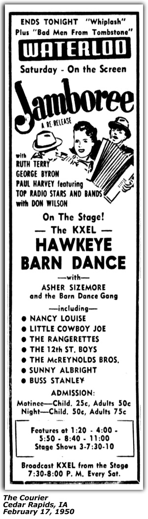 Promo Ad - KXEL Hawkeye Barn Dance - Asher Sizemore - Nancy Louise - Little Cowboy Joe - McReynolds Brothers - February 1950