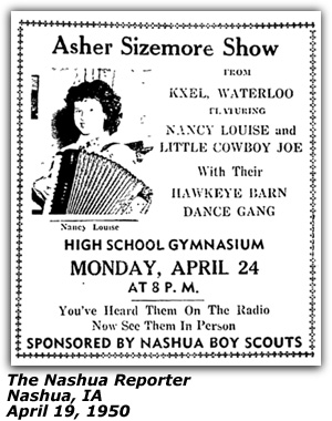 Promo Ad - Asher Sizemore Show - High School Gymnasium - Nashua, IA - Nancy Louise - Little Cowboy Joe - April 1950