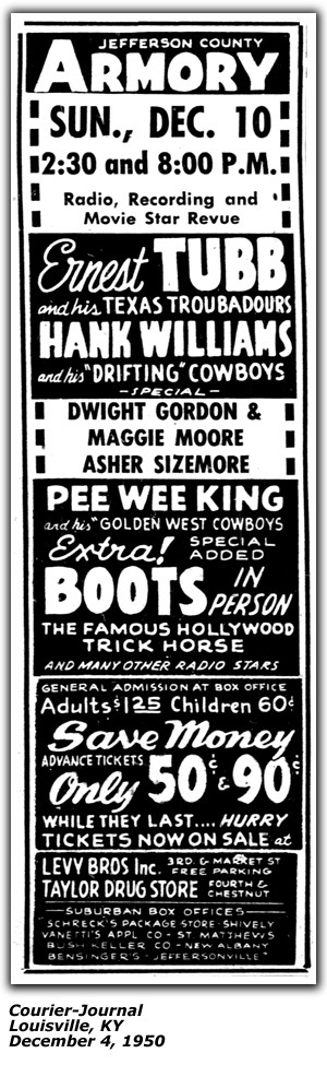 Promo Ad - Jefferson County Armory - Louisville, KY - Grand Ole Opry - Pee Wee King - Hank Williams - Asher Sizemore - Dwight Gordon - Maggie Moore - December 1950