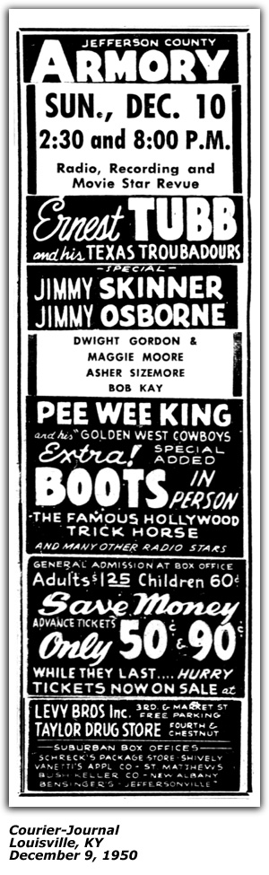 Promo Ad - Jefferson County Armory - Louisville, KY - Grand Ole Opry - Pee Wee King - Jimmy Osborne - Jimmy Skinner - Asher Sizemore - Dwight Gordon - Maggie Moore - December 1950