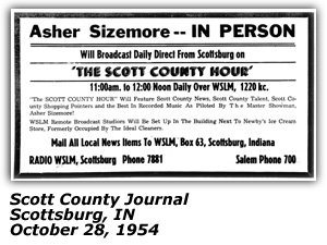 Promo Ad - Scottsburg, IN - Scott County Hour - WSLM - Asher Sizemore - October 1954