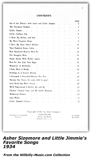 Asher Sizemore and Little Jimmie's Favorite Songs - Folio - Asher Sizemore - Little Jimmie - Circa 1934 - Folio Contents