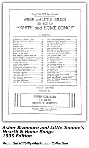 Folio - Asher Sizemore and Little Jimmie's 1935 Edition Hearth and Home Songs - table of Contents - Circa 1935