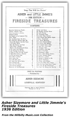 Folio - Asher Sizemore and Little Jimmie's 1937 Edition Songs of the Soil - table of Contents - Circa 1937